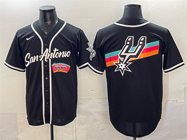 Men's San Antonio Spurs Team Big Logo Black Stitched Baseball Jersey Men's San Antonio Spurs Team Big Logo Black Stitched Baseball Jersey
